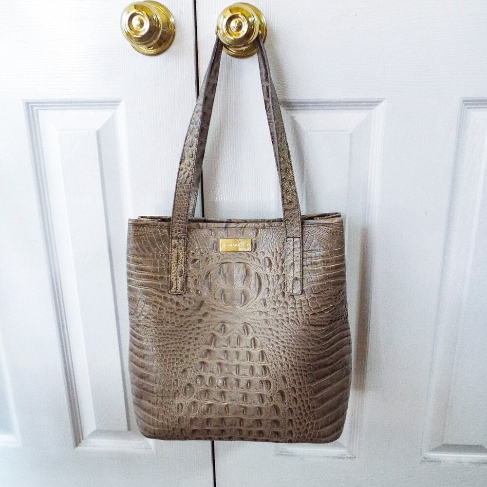 Brahmin Melbourne Croc Embossed Leather Taupe Bucket Handbag
